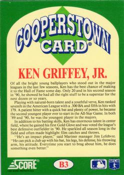 1991 Score - Cooperstown #B3 Ken Griffey Jr. Back